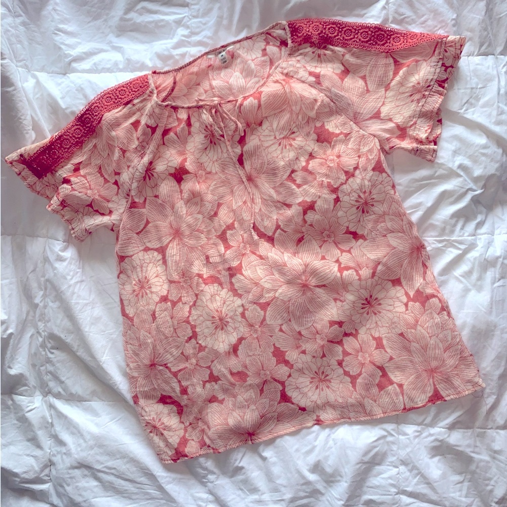 Como Blu Women’s Blouse Pink tropical floral print size Medium Boho style